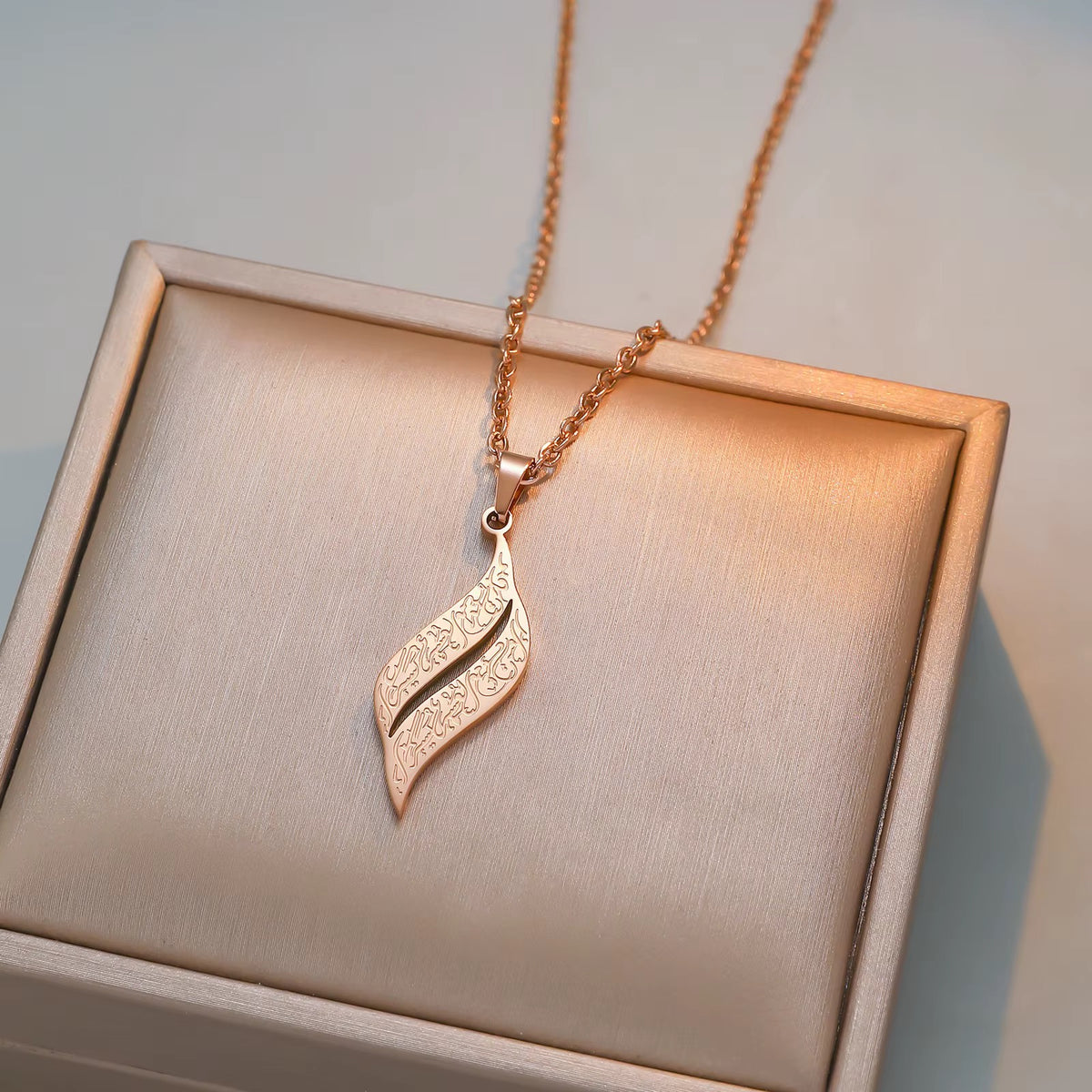 “With Hardship Comes Ease” Arabic Calligraphy Leaf Necklace