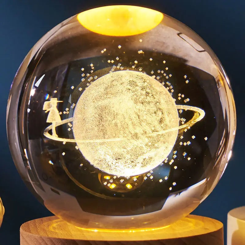 3D Laser Engraved Glass Crystal Ball Lamp Universe Astronomy Decor (Lady on Neptune Rings)