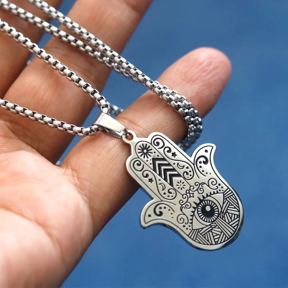 Stainless Steel Evil Eye Hamsa Hand Necklace