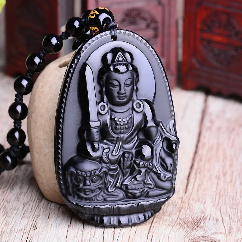 Bodhisattva Carved Obsidian Stone Adjustable Necklace