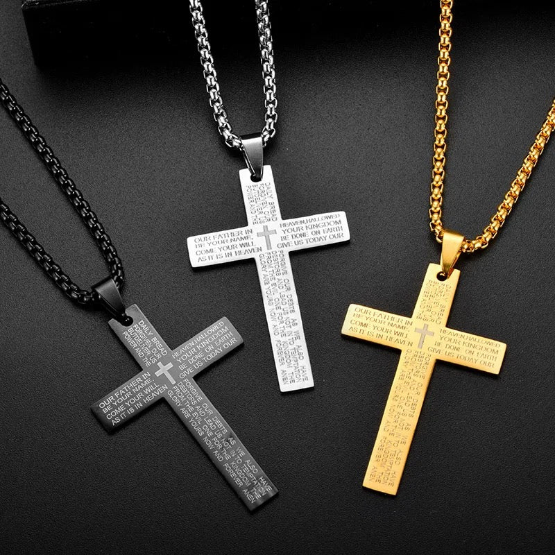 Stainless Steel Christian Cross Necklace With “Our Father Prayer” Engraved