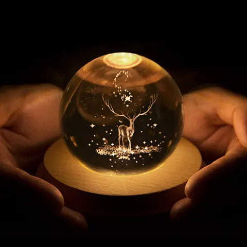 3D Laser Engraved 8cm Glass Crystal Ball Lamp (Reindeer)