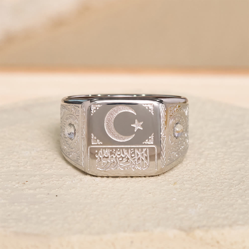 Shahada Crescent & Star Stainless Steel Signet Ring