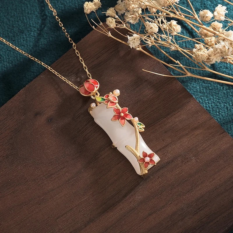 Bamboo Floral White Jade Necklace