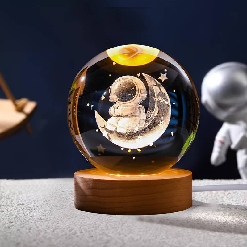 3D Laser Engraved 8cm Glass Crystal Ball Lamp Universe Astronomy Decor (Astronaut on the Moon)