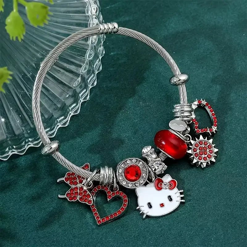 Stainless Steel Hello Kitty Red Zircon Charm Bracelet