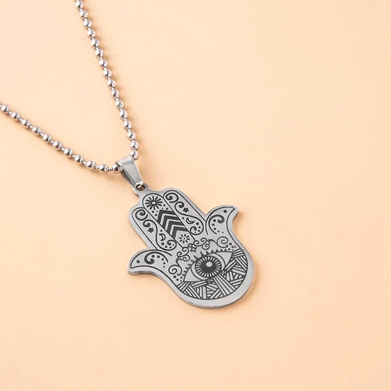 Stainless Steel Evil Eye Hamsa Hand Necklace