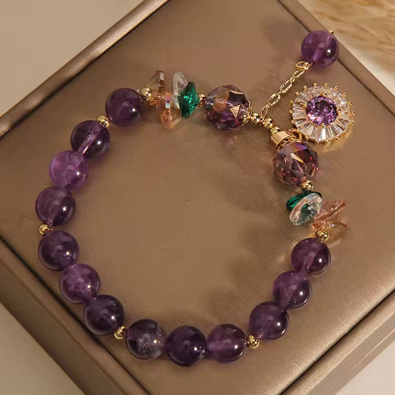 Natural Amethyst Zircon Flower Charm Bracelet (8MM Beads)