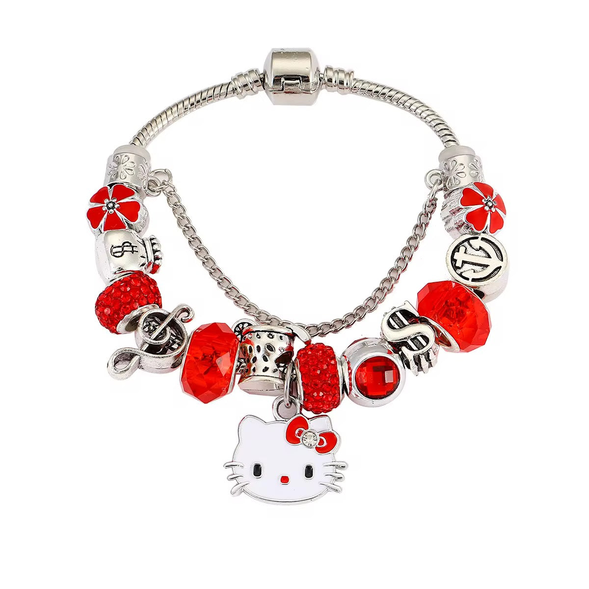 Stainless Steel Hello Kitty Red Zircon Charm Bracelet