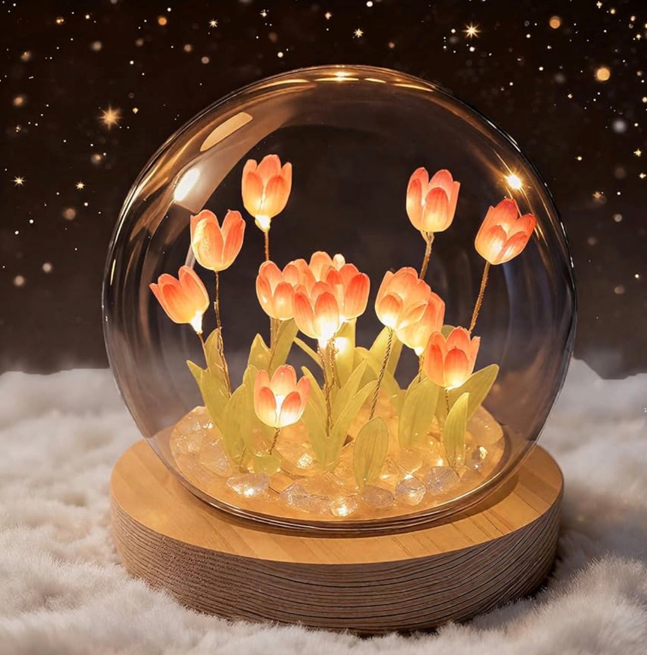 Romantic Tulip Lamp With Wooden Base & Glass Dome - Battery Powered