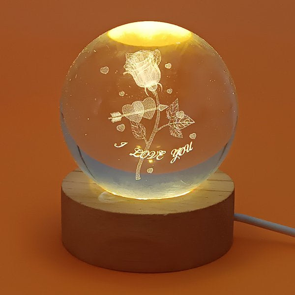 3D Laser Engraved 8cm Glass Crystal Ball Rose Lamp (I Love You)