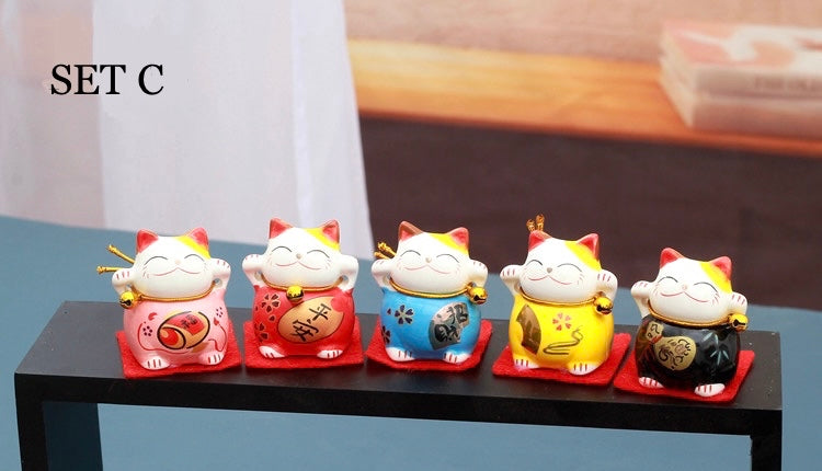 Maneki Neko Mini Lucky Cats / Mahogany Wooden Stand