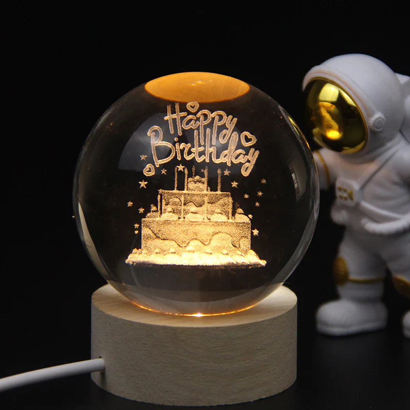 3D Laser Engraved 8cm Glass Crystal Ball Lamp (Happy Birthday)