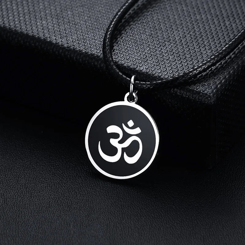 Stainless Steel “OM” Hindu Symbol Necklace + Black Leather Chain