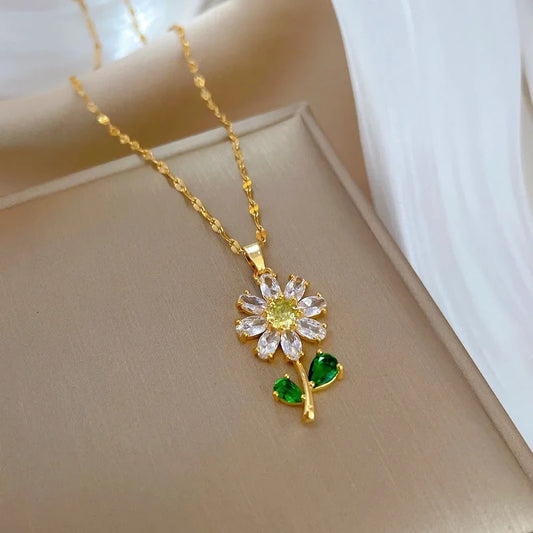 Stainless Steel Zircon Flower Necklace