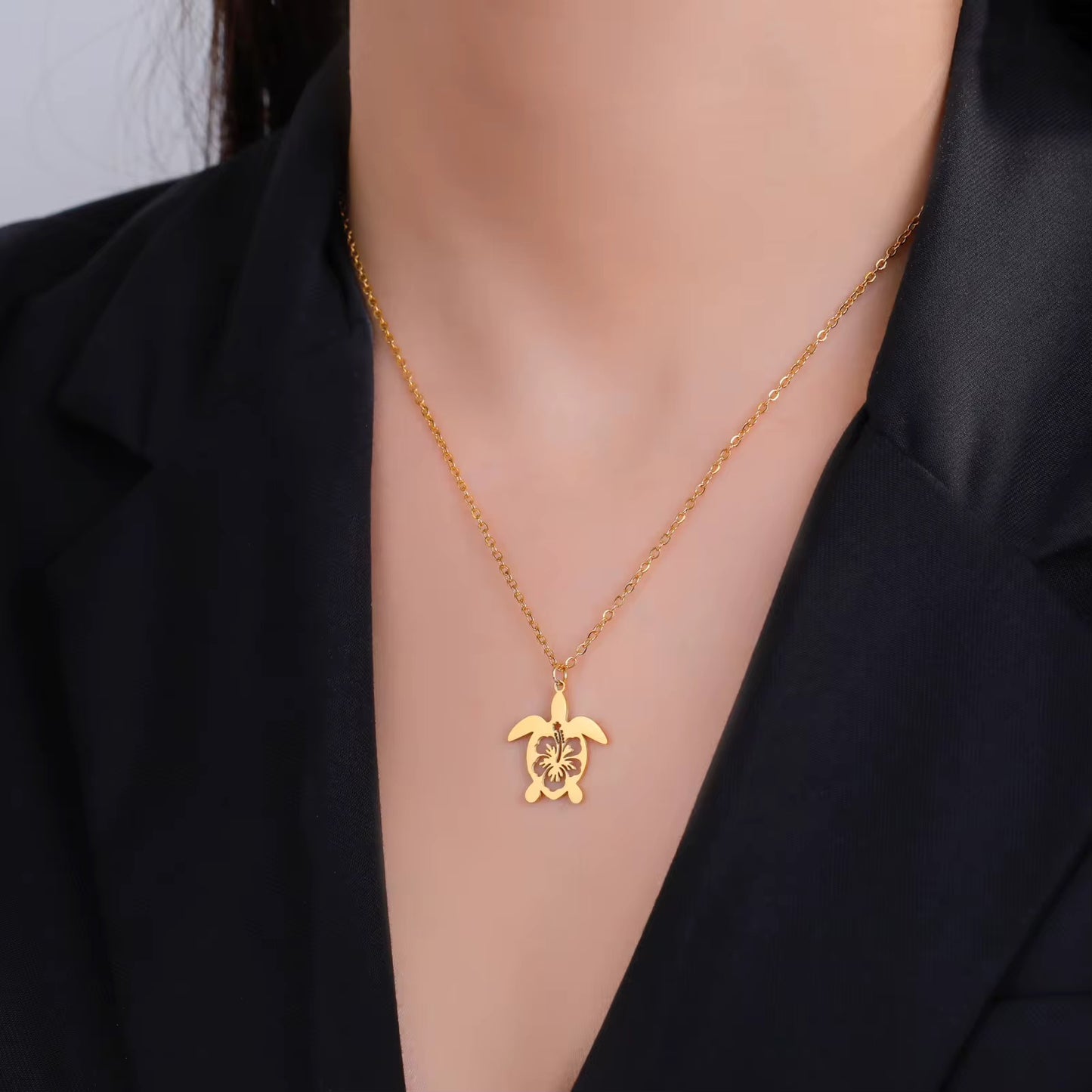 Stainless Steel Turtle Hibiscus Design Necklace