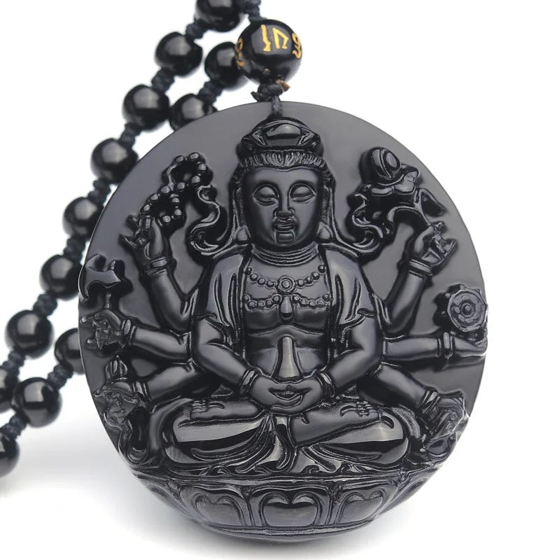 Avalokiteshvara Bodhisattva Buddha Carved Obsidian Stone Adjustable Necklace