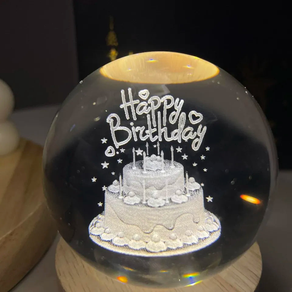 3D Laser Engraved 8cm Glass Crystal Ball Lamp (Happy Birthday)