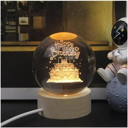 3D Laser Engraved 8cm Glass Crystal Ball Lamp (Happy Birthday)