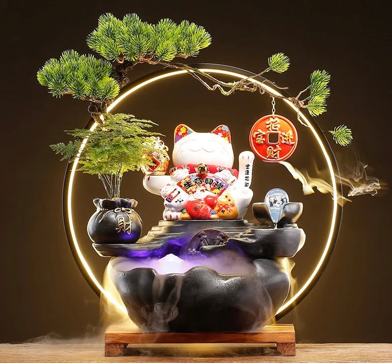 Lucky Cat Back-Flow Incense Holder & Waterfall Mist Maker With Ring Light Ornamental Set