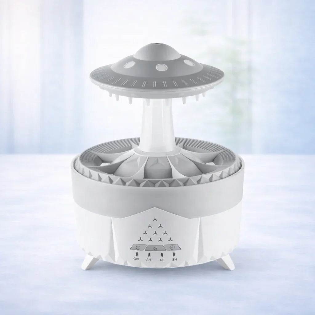 White UFO Rain Humidifier, 7-Color LED Aroma Diffuser + Remote Control