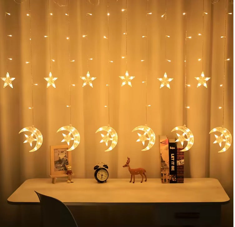Decorative LED Curtain String Lights – Moon & Star Combined Design | RGB & Warm Yellow
