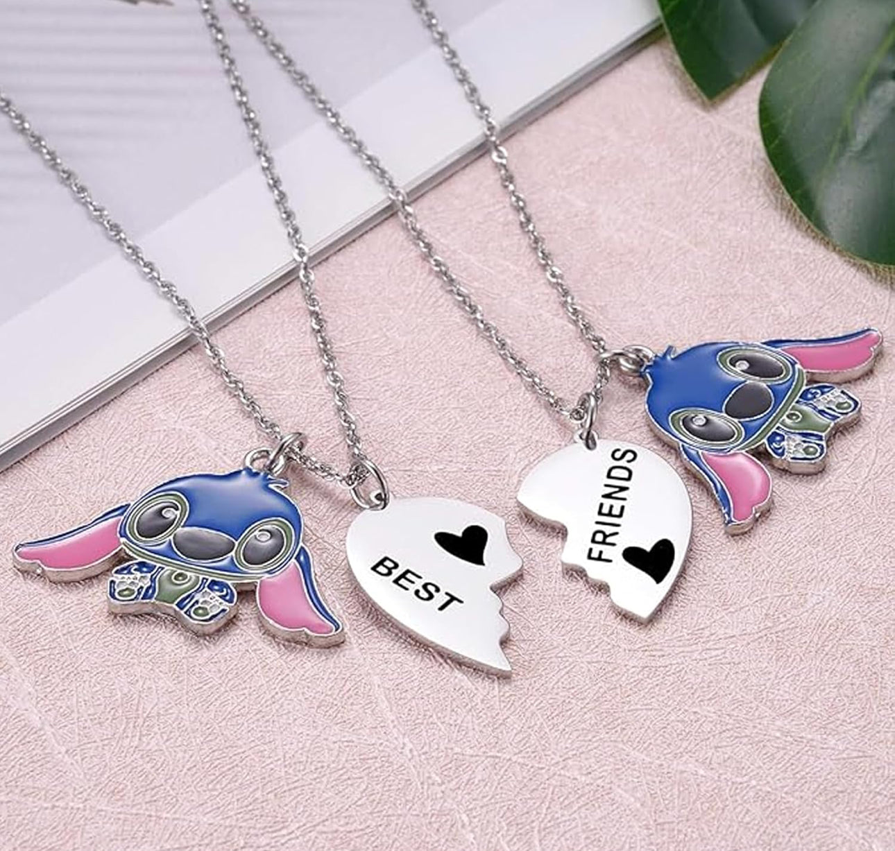 Stainless Steel Stitch BFF “Best Friend” Distance Heart Necklace 2pc