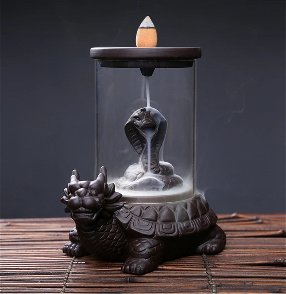 Cobra Snake on Turtle Incense Holder + 10 Free Back-Flow Incense Cones.