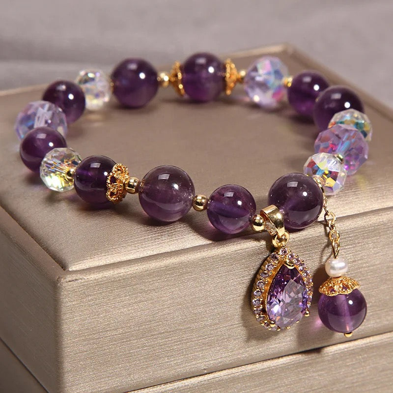 Natural Amethyst Zircon Charm Bracelet (8MM Beads)