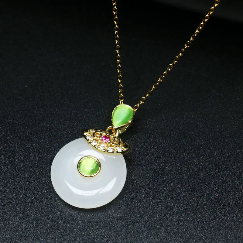 Large Korean Clear Jade Donut Cat Eye Quartz Evil Eye Necklace