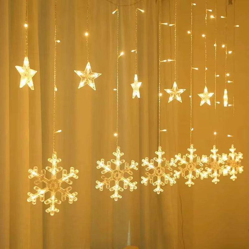 Decorative LED Curtain String Lights – Snowflake & Stars Design | RGB & Warm Yellow