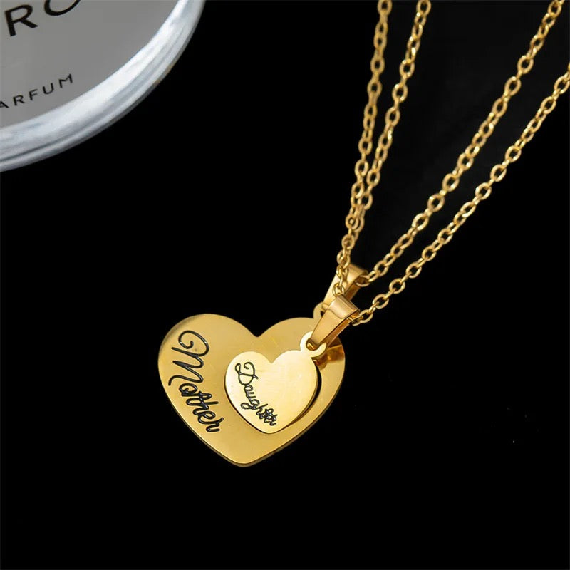 Stainless Steel Mother & Daughter Engraved Heart Necklace 2pc