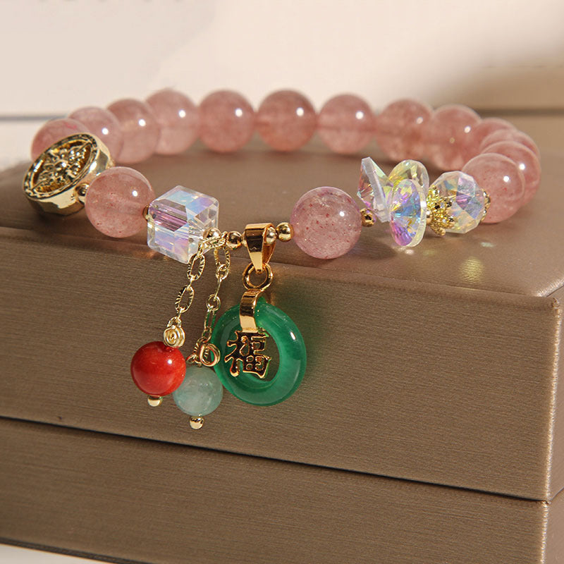 Strawberry Quartz Crystal Jade Charm Bracelet