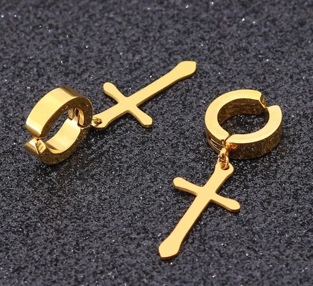 Unisex-Men’s Stainless Steel Clip On / Magnetic Cross Earrings (No Piercing Earrings)