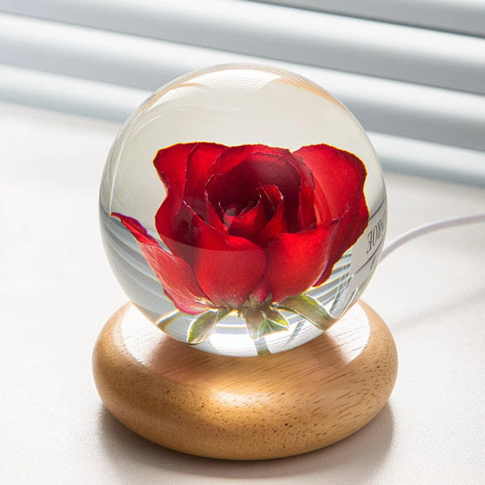 8cm Eternal / Immortal Flower Resin Sphere Lamp with USB LED Wooden Base