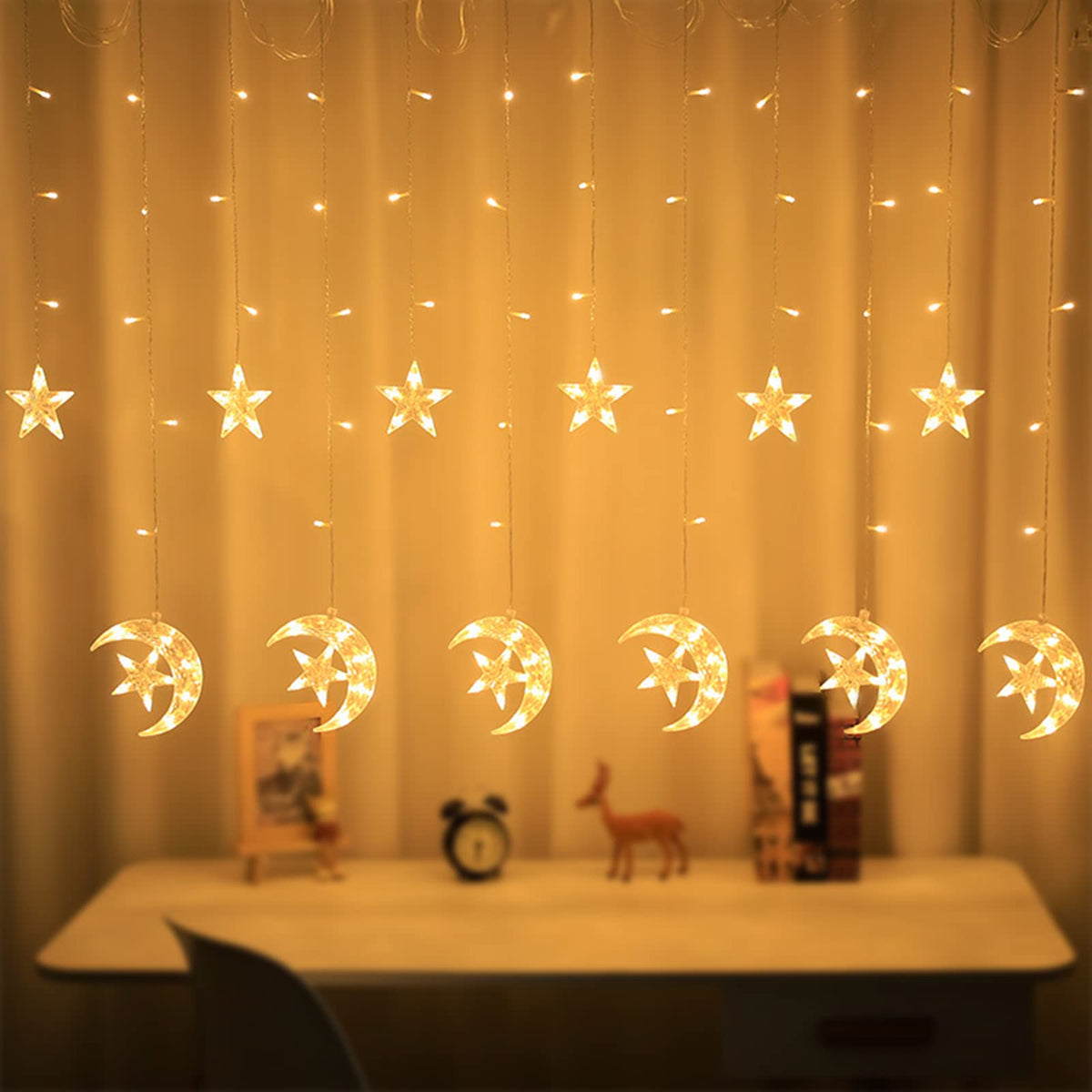 Decorative LED Curtain String Lights – Moon & Star Combined Design | RGB & Warm Yellow