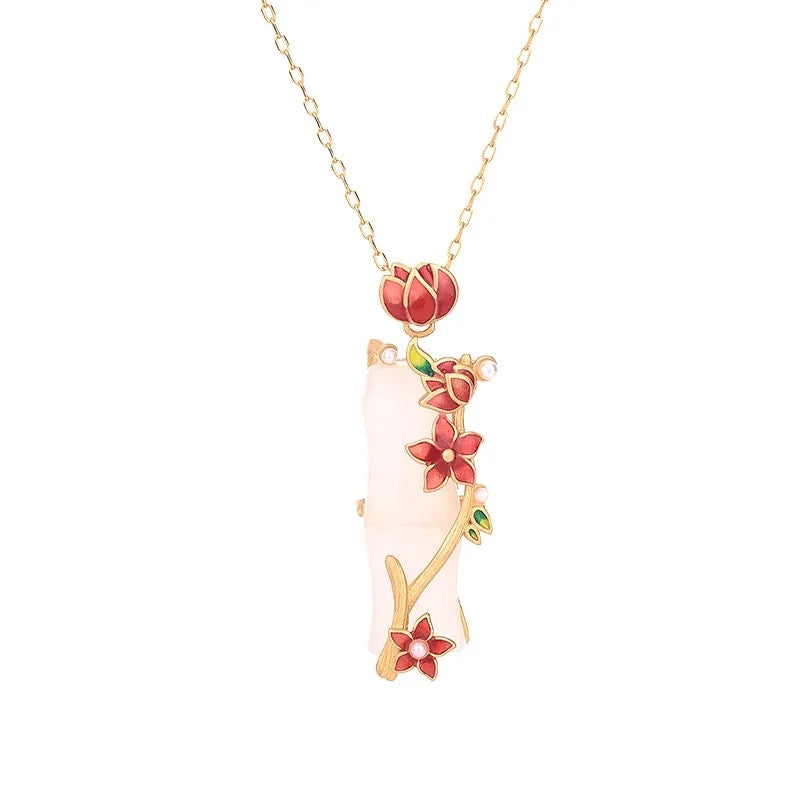 Bamboo Floral White Jade Necklace