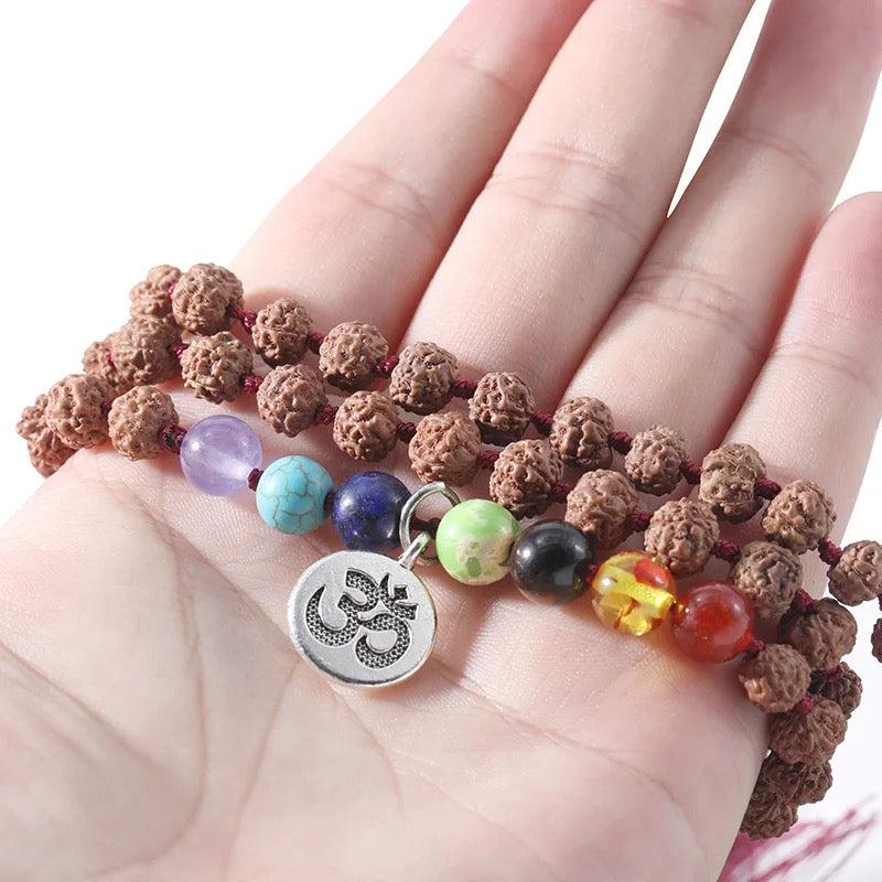 108 Beads Rudraksha 7 Chakra Mala Prayer Necklace + OM Charm