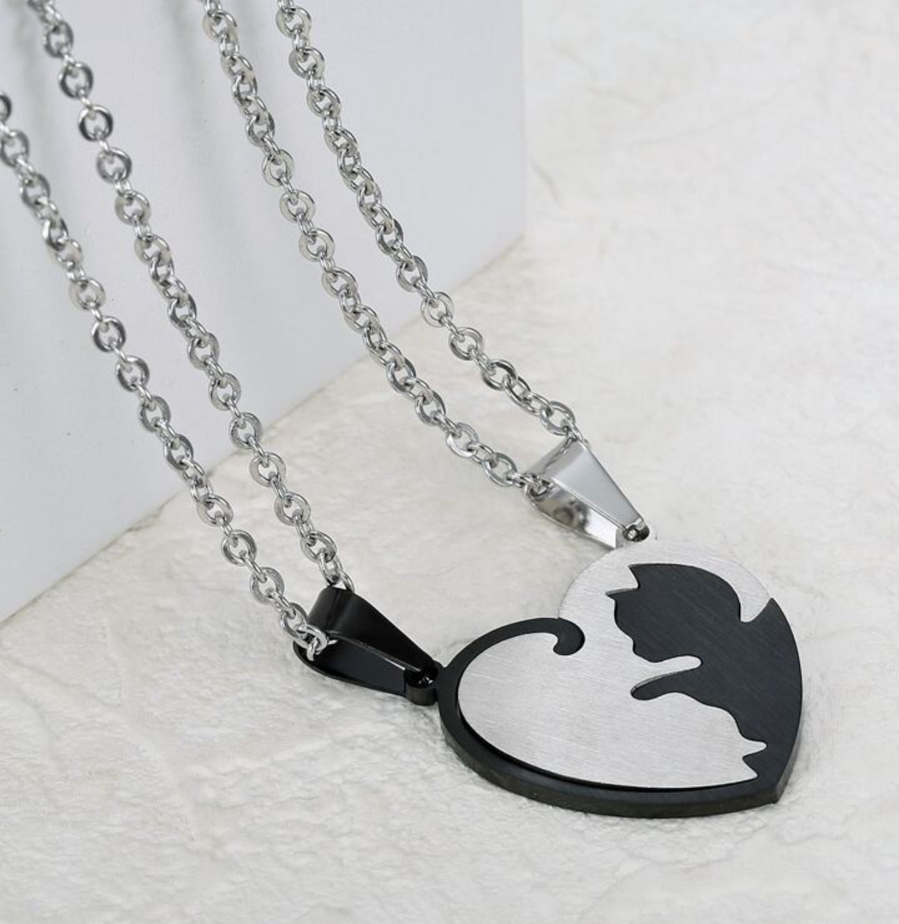 Stainless Steel Couples Heart Distance Cat Necklace 2pc