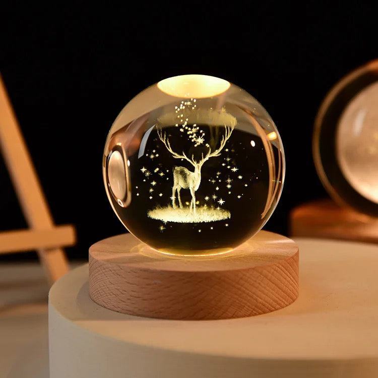 3D Laser Engraved 8cm Glass Crystal Ball Lamp (Reindeer)