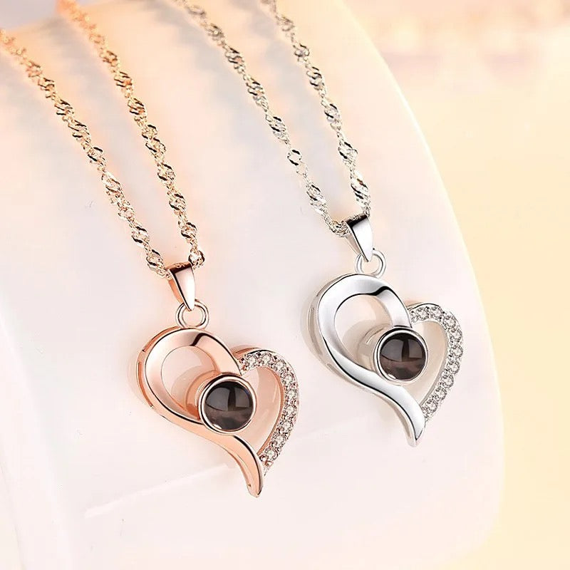 Stainless Steel Projection of “I Love You” in 100 Languages Heart Necklace