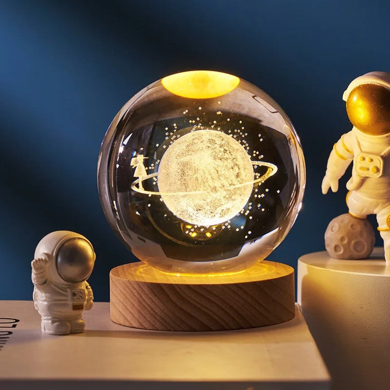 3D Laser Engraved Glass Crystal Ball Lamp Universe Astronomy Decor (Lady on Neptune Rings)