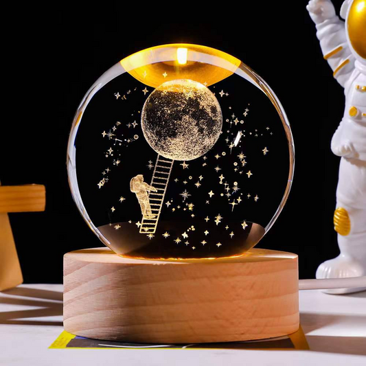 3D Laser Engraved 8cm Glass Crystal Ball Lamp Universe Astronomy Decor (Astronaut Climbing to Moon)