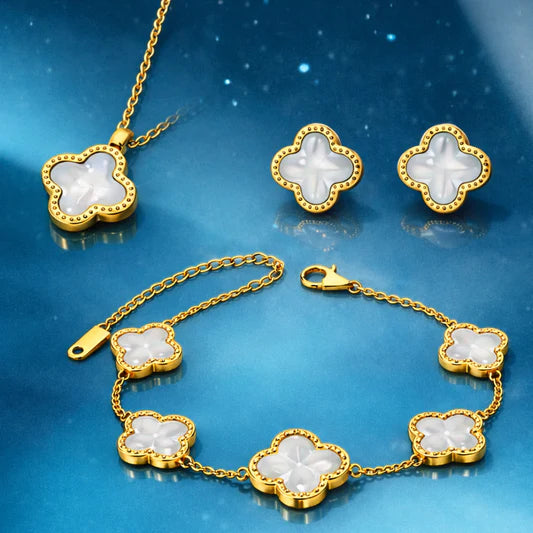 High Quality Stainless Steel Van Cleef Inspired Clover 3pc Set (Pearl White)