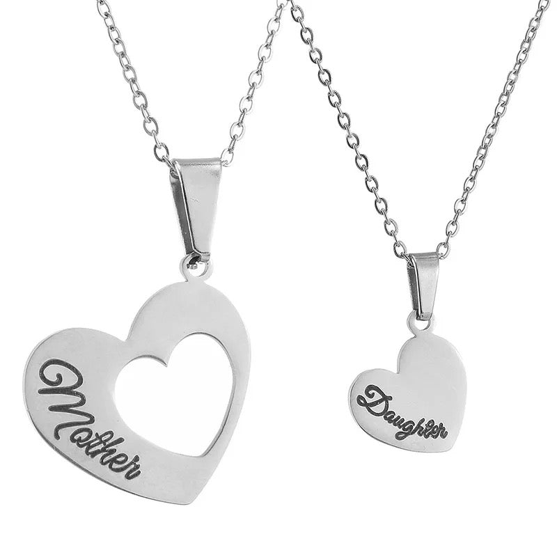 Stainless Steel Mother & Daughter Engraved Heart Necklace 2pc