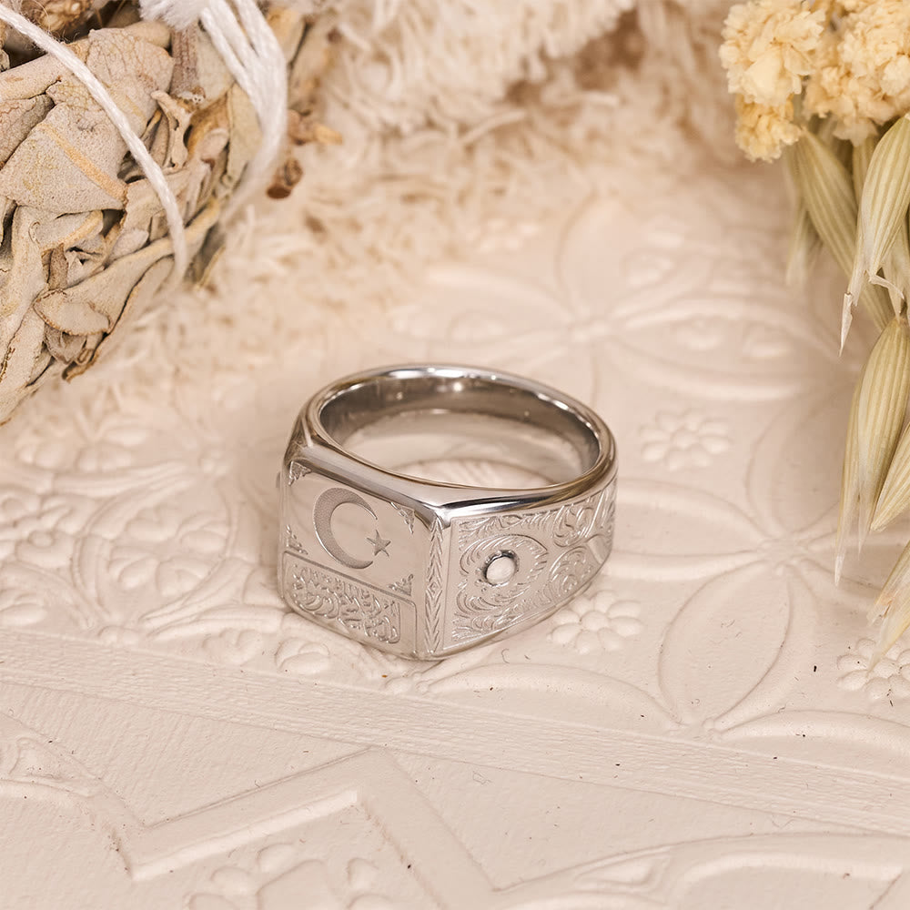 Shahada Crescent & Star Stainless Steel Signet Ring