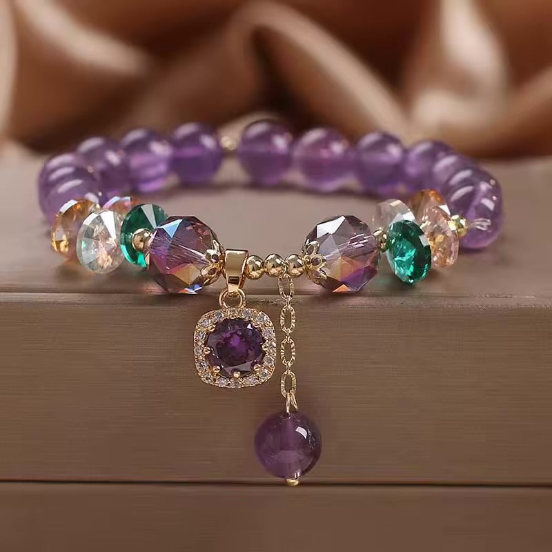 Natural Amethyst Zircon Charm Bracelet (8MM Beads)