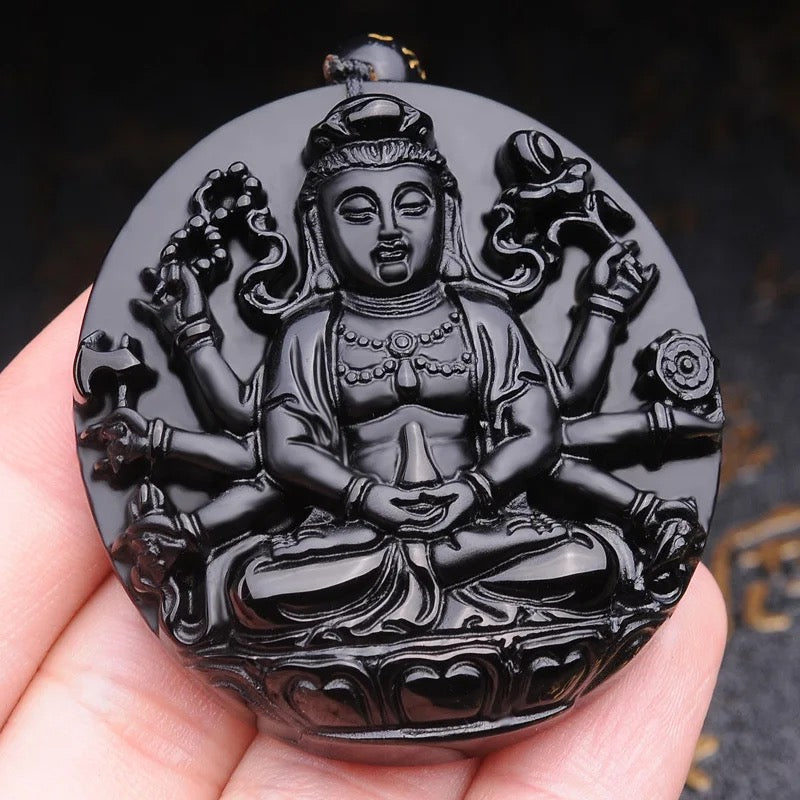 Avalokiteshvara Bodhisattva Buddha Carved Obsidian Stone Adjustable Necklace