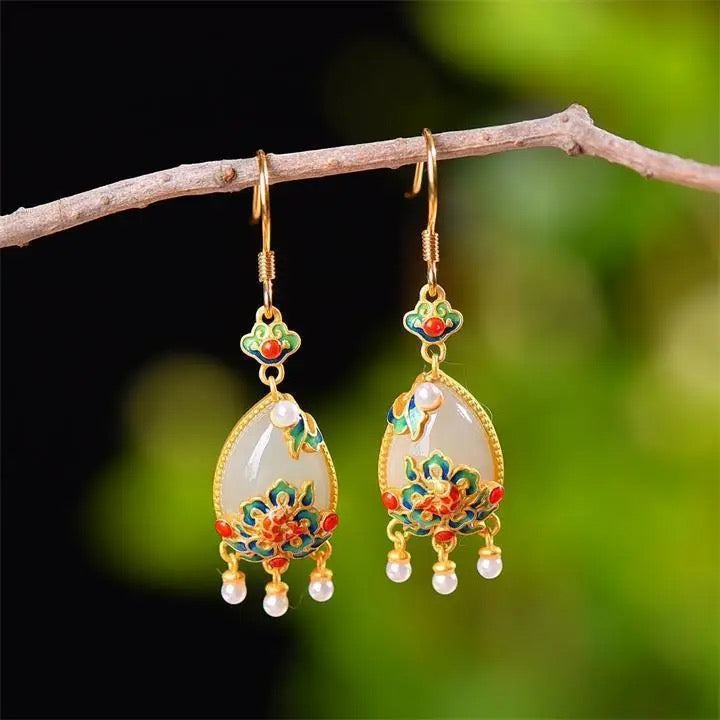 S925 Silver 24k Gold Plated Natural White Jade Teardrop Earrings