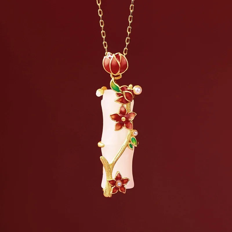 Bamboo Floral White Jade Necklace